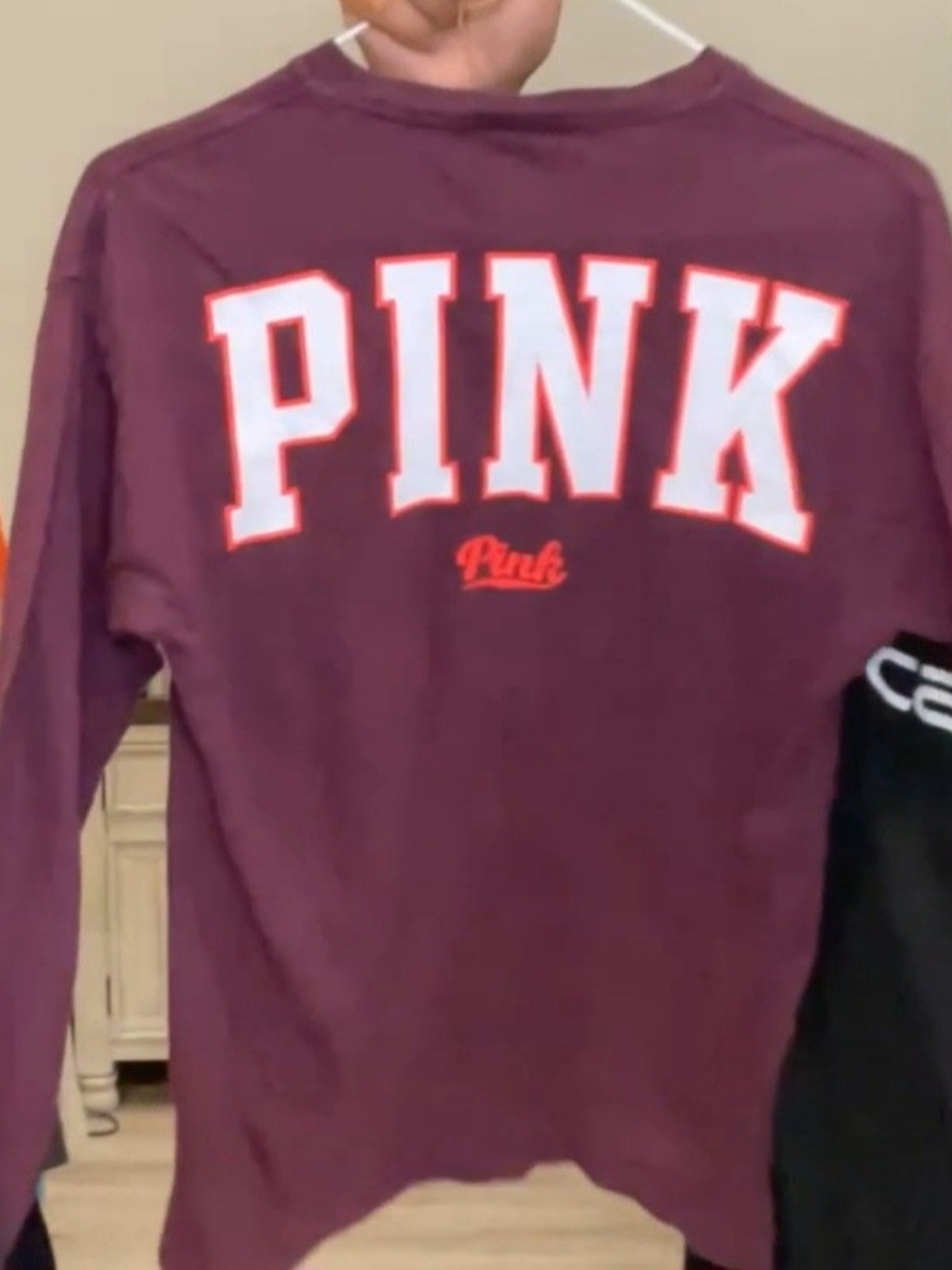 PINK Victoria's Secret Plum Long-Sleeve Tee with White & Coral Lettering